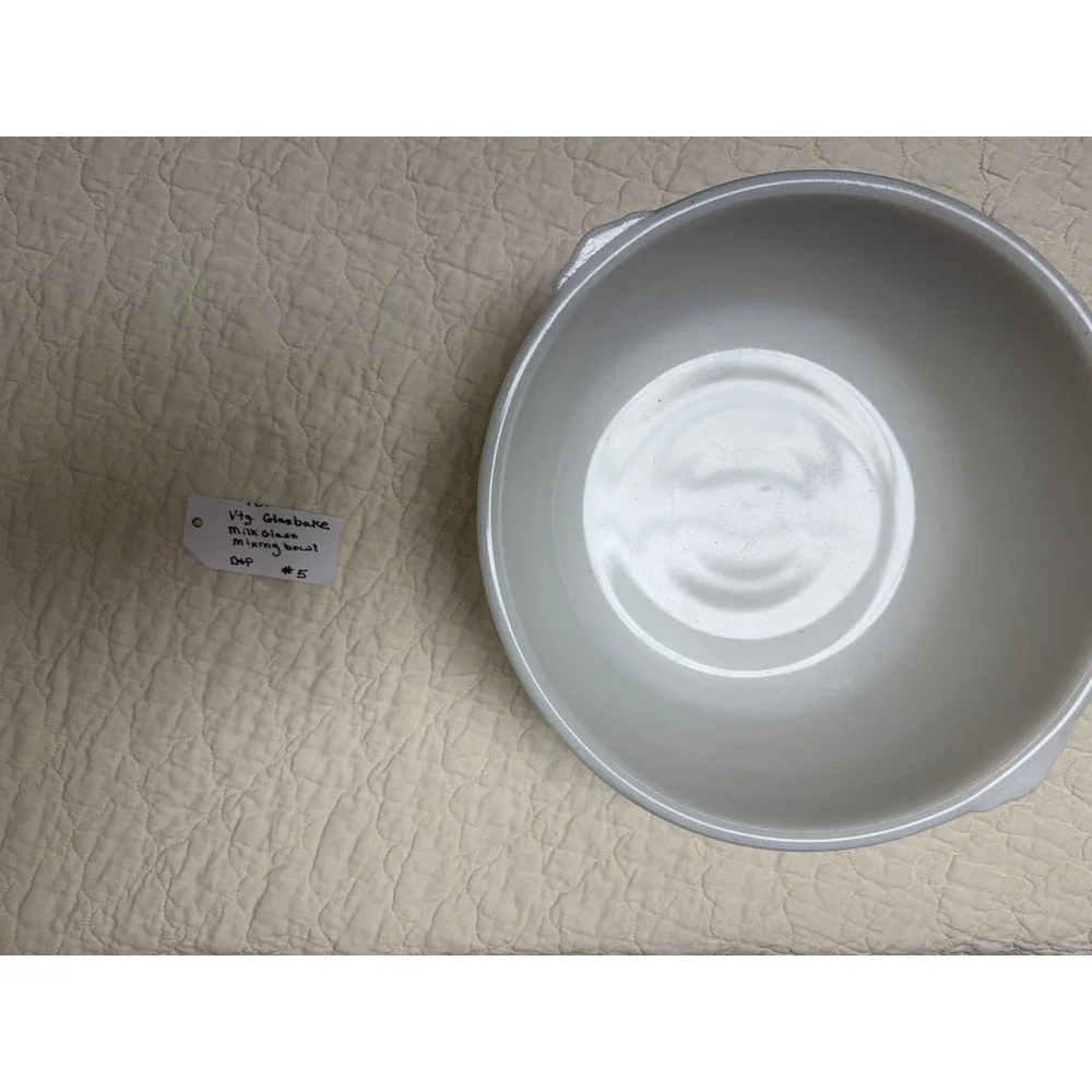 Vintage Glasbake White Milk Glass Ribbed Mixing Bowl Tab Handles #5 J-2355